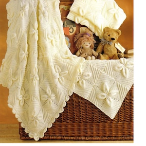 Leaf Pattern Baby Blanket Knit in Squares Pram- cot cover -4ply & DK 8 Ply Light Worsted Knitting Pattern PDF  Download