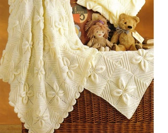 Leaf Pattern Baby Blanket Knit in Squares Pram- cot cover -4ply & DK 8 Ply Light Worsted Knitting Pattern PDF  Download