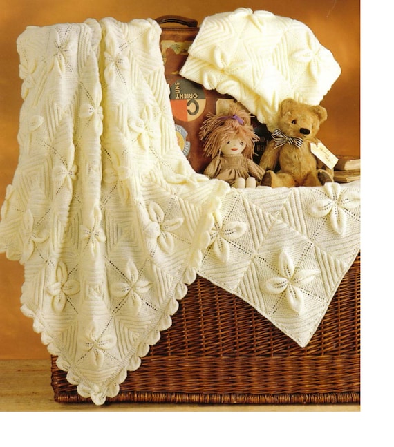 Leaf Pattern Baby Blanket Knit in Squares Pram- Cot Cover -4ply