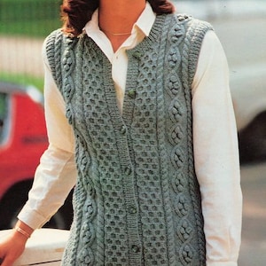 Womans Aran Waistcoat Diamond Bobble Cable ~Round Neck 32&quot; - 38&quot; Aran 10 Ply Knitting Pattern PDF Instant download