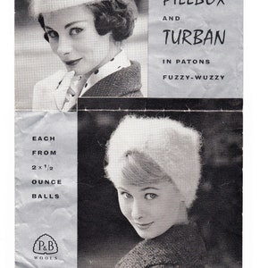 Woman&#39;s Ladies, Pillbox Hat and Turban in Fuzzy Wuzzy wool- Vintage - Knitting Pattern PDF Instant download