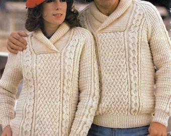Man-Woman's Roll Collar- Sweater- Jumper-Pullover- Aran/Worsted Wool- chest 34-44 Ins- Instant Download