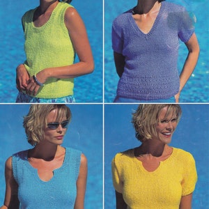 May include: Four knitted tops in different colours: lime green, periwinkle, light blue, and yellow. Each top has a unique neckline and sleeve length. The image includes the text "Includes Larger Sizes".