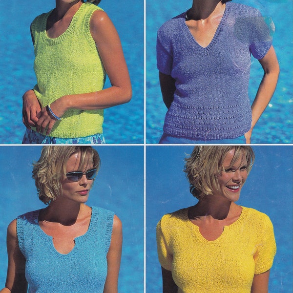 Womens Summer Tops - Easy Beginners 4 styles to knit - Knitting pattern in DK 8Ply Light worsted- Downloadable PDF  32-54" Larger  sizes