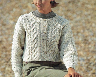 Ladies  Aran Cable-Short Cropped-Cardigan Aran wool  - fits 30-40" chest. Knitting Pattern Instant Download
