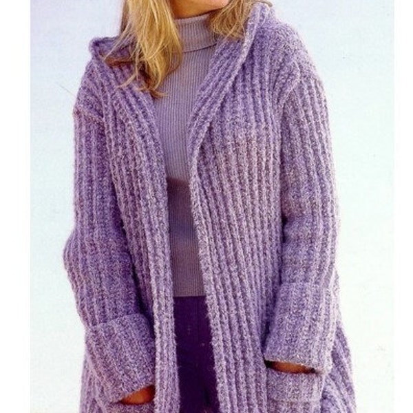 Woman's Easy Hooded Ribbed Coat Jacket with Pockets and Cuffs ~ Aran 10 Ply Knitting Pattern PDF Instant download - Larger sizes