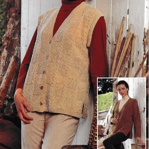 May include: A beige knitted vest with a V-neck and button closure. The vest is sleeveless and has a textured pattern. The vest is being worn by a person with a red turtleneck shirt and beige pants.