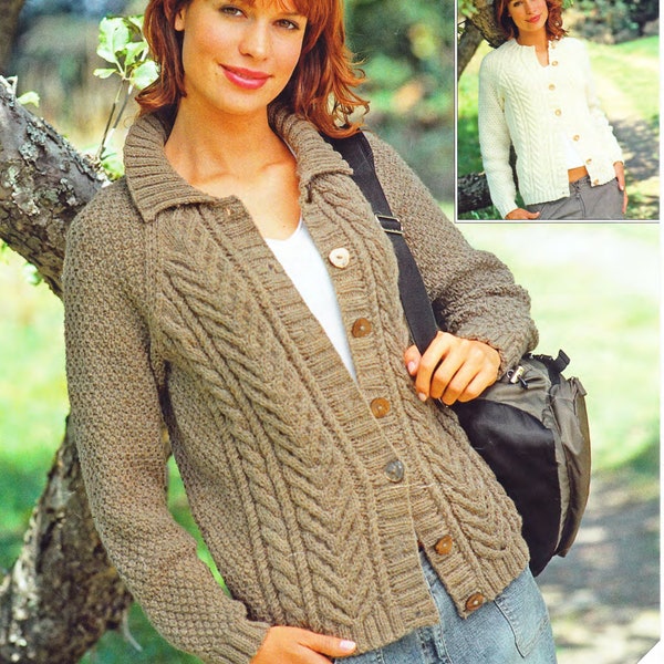 Woman's Classic Aran Cardigan  Round Neck or with Collar Knitting Pattern Instant Download PDF -30-54 Ins- Aran 10 ply wool Larger sizes
