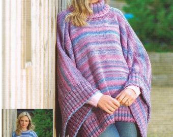 Woman's easy Knit Poncho- Tabard & Hat Polo Neck- crew neck S-M-L sizes Chunky- Bulky wool- quick knit knitting pattern download PDF