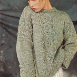 Womens Aran Cable Bobble Sweater Pockets Cable Cuff Round Neck 32 - 38&quot; ~ Aran 10 Ply Worsted Knitting Pattern PDF Instant download