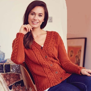 Womans  V neck Cable Cardigan- Aran  10 ply wool- Fits XS up to 3 X- Knitting pattern Download PDF