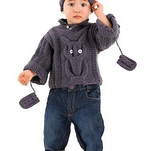 Baby- Childs  Owl sweater- hat and Mitts - -knitting pattern-Sport / 5 ply wool- fits- 3-12 months  Instant download