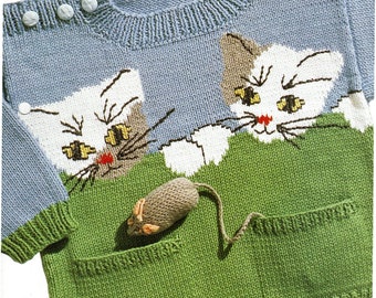 Cat and Mouse Motif sweater/ Pullover/Jumper- with Pockets- 20-24" ~ -4ply pdf instant download- Knitting pattern
