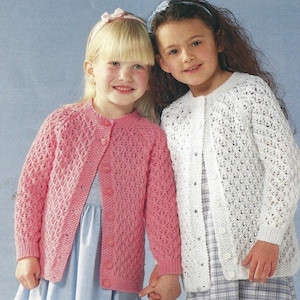 Girl&#39;s Patterned, Eyelet, Textured, Cardigan, Round Neck, Raglan Sleeve, 22 - 32 inch Chest ~DK 8Ply Knitting Pattern PDF Instant download