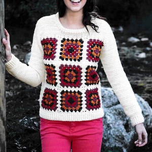 Ladies Crochet granny squares, sweater- Jumper- 32- 42" Bust - DK - 8PLY Light worsted wool needed -Download PDF Crochet Pattern