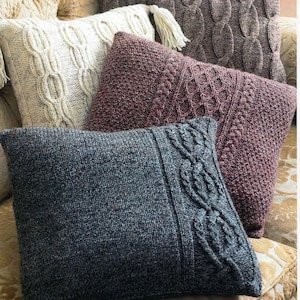 Knitted Aran cable cushion covers- 4 designs-16&quot;square when complete PDF Knitting Pattern-Instant Download Aran 10 ply wool