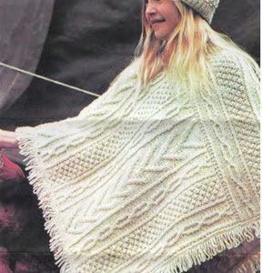 Girl&#39;s Aran Cable Poncho & Bobble hat  Knitting Pattern - Instant Download  see images for yarn and sizes