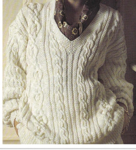 PDF Knitting Pattern Ladies Cable V Neck Sweater Jumper in