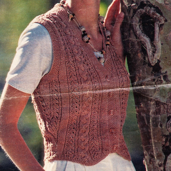 Woman's V Neck Waistcoat Lace- cable moss stitch pattern  DK-8ply- Light worsted yarn chest 32" - 38"  Instant Download Knitting Pattern