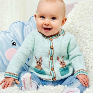 Childs Bunny Rabbit Cardigan -Pockets- 4 ply Fingering  yarn- Instant download PDF knitting Pattern- 3 months- 2 years top down