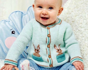 Childs Bunny Rabbit Cardigan -Pockets- 4 ply yarn- Instant download PDF knitting Pattern- 3months- 2 years top down