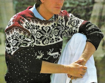 Man's Fair Isle Sweater- Scandinavian Norwegian style- 38"-44" Aran 10 Ply Worsted yarn- Knitting Pattern Download PDF- Snowflake Reindeer