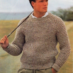 Easy Men&#39;s Textured Rib Chunky Raglan Sweater Round Neck 34&quot; - 44&quot; Chunky 12 Ply Knitting Pattern PDF Instant Download