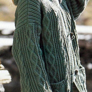 Womens Hooded Cable Duffle Coat Pockets Toggle Tabs Hood 30 - 40&quot; Chunky 12 Ply Knitting Pattern PDF Instant download