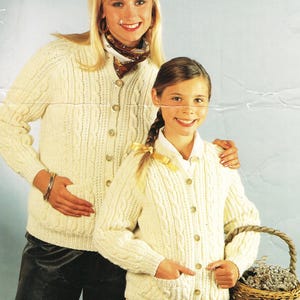 Woman&#39;s Girls- Crew Neck  Aran Cable Cardigan knitting pattern-  Aran 10 ply Worsted yarn Download PDF 24&quot; -36&quot; chest- Classic Aran Knitting
