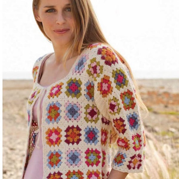 Crochet Granny Squares Summer patchwork Cardigan Crochet Pattern- 4 Ply Alpaca wool Download PDF 30" - 51" Chest