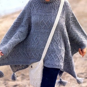 Ladies Poncho with tassles in Aran wool 10 ply - Fits One size - . Knitting Pattern Instant Download