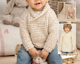 Child&#39;s Easy Shawl Collar Sweater-Jumper- Boy- Girl- Blanket-Hat Knitting Pattern -DK (8PLY) Instant Download-16-26&quot; chest