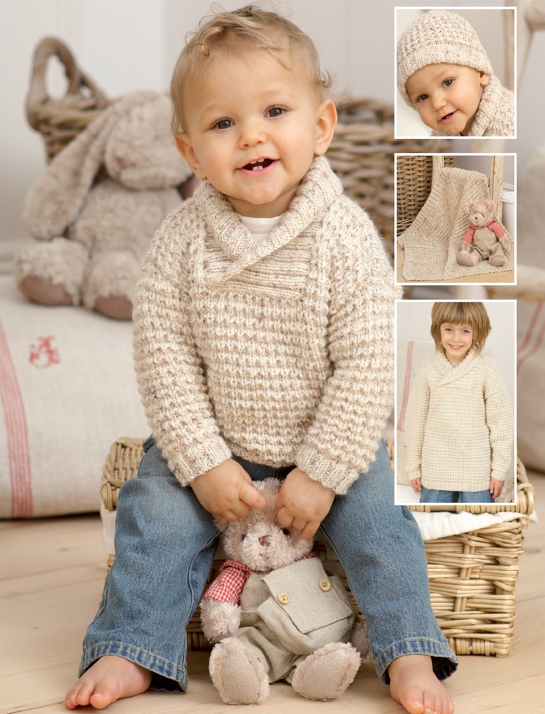 Child's Easy Shawl Collar Sweater-Jumper Boy Girl Blanket-Hat Knitting Pattern DK 8PLY Instant Download-16-26 chest image 1