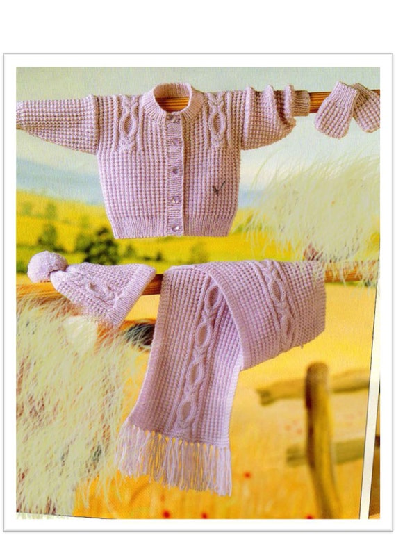 Childs Easy Knit Cable Cardigan- Hat- Scarf and Mitts- knitting pattern- DK  (8Ply)- Instant Download 16