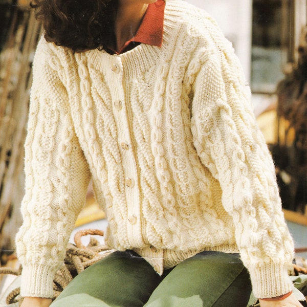 Woman's  Traditional Aran  Cardigan ~Round Neck 30" - 44" Aran (10 Ply) Knitting Pattern PDF Instant download