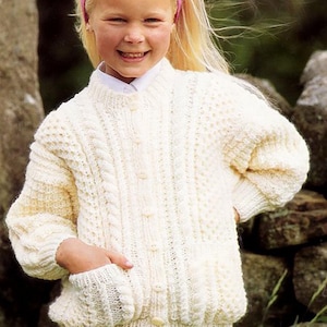 Girls Classic Aran Cardigan drop sleeves pockets 24"-32" chest- Aran 10 ply worsted Knitting pattern Download PDF