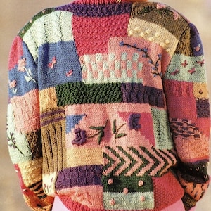 Women&#39;s Cabled (Embroidered) Patchwork Sampler Cardigan- Colour blocked  Aran 10 Ply Worsted yarn - See images for information download PDF