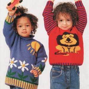 Childrens Daisy & Lion Roll Neck sweaters Jumper Knitting Pattern in DK (8ply) Light worsted yarn- fits 21-26" chest Download PDF- has chart