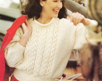 Womans Roll Neck Aran Jumper- sweater- drop sleeves, Aran 10 Ply Yarn- chest 30 -40 Knitting pattern Download PDF