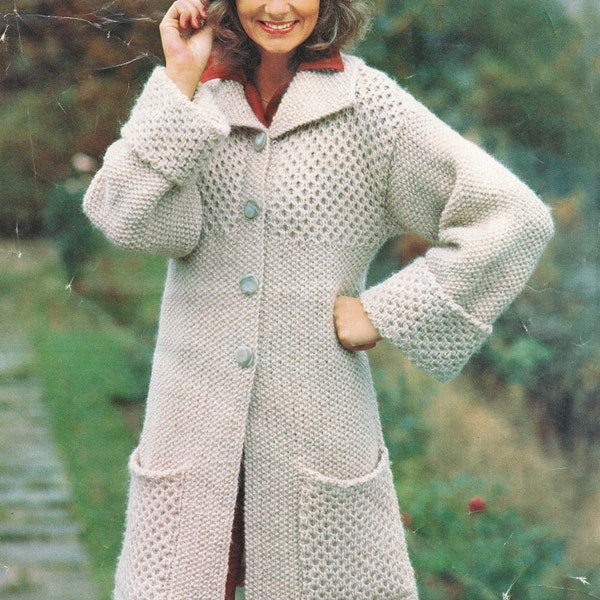 Woman's-Ladies, Long Chunky Knitted Coat, Jacket - Chunky/Bulky Knit- Knitting Pattern- 32 - 42 Ins- Download PDF