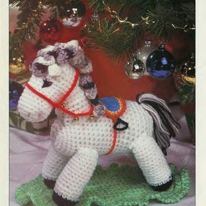 Christmas Hobby Horse Crochet Pattern with Saddle Bridle long tail and mane 11&quot; tall when complete, vintage download PDF