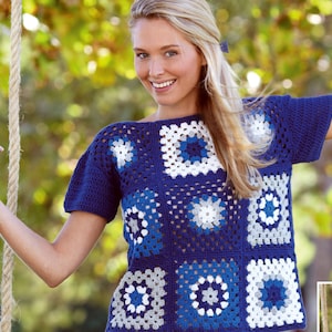 Ladies Crochet granny squares,  short sleeved top & Sweater DK 8Ply wool- for sizes see images Instant Download PDF Crochet Pattern