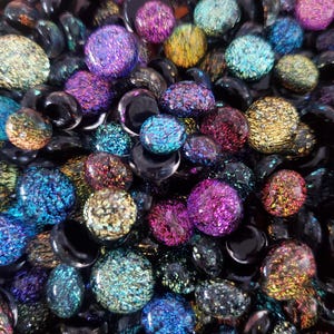 Bullseye 90COE Dichroic glass fusing dots. 30 grams rainbow mix pack. Frit balls. Pink Blue Green Purple Gold. Fused Glass by Em. i30. COE90