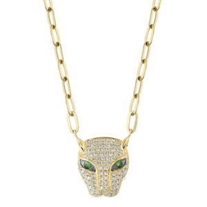 Diamond Panther Pendant Necklace 14K Yellow Gold Paper Clip Link Chain Green Garnet Eyes Round Natural Certified 0.56 TCW Conflict Free Gift