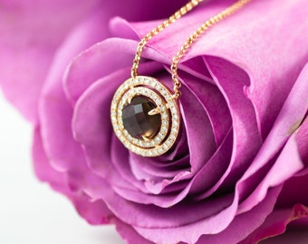 Smokey Topaz Diamond Pendant Necklace  14K Rose Gold 1.67 TCW Round Cut Double Halo Gift for Her Conflict Free