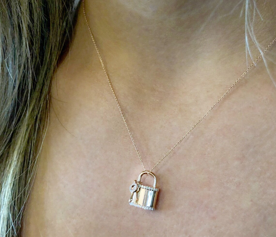Certified Diamond Lock Pendant 0.21ct 14k Yellow Gold Natural | Etsy