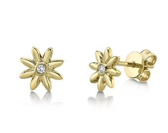 Diamond Daisy Flower Stud Earrings 14k Yellow Gold Natural Round Cut 0.03ct Gift for Her Pushback
