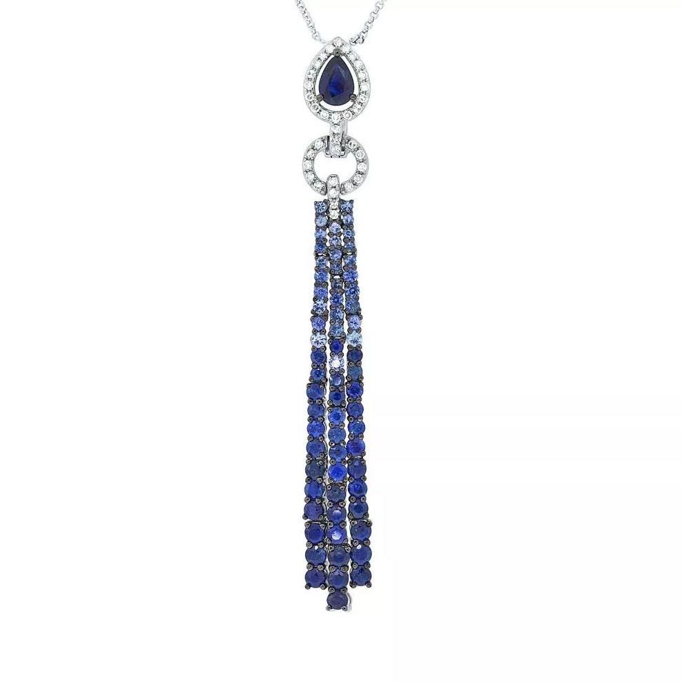 Collana in oro bianco 14 carati con diamanti taglio a pera e zaffiro blu con frange e nappine, 3,10 CTW, certificato naturale, regalo per lei - Italia