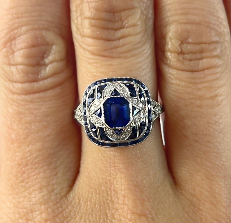 Art Deco Blue Sapphire Diamond Platinum Engagement Ring - Etsy