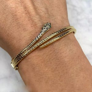14K Yellow Gold Black And White Diamond Snake Bangle Bracelet With Emerald Eyes Certified Natural Gift For Her